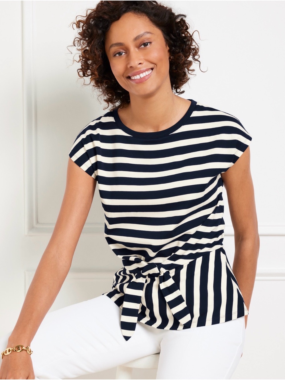 Talbots Striped Tie-Waist Short Sleeve Top - Navy & Cream Size XL Cap Sleeve